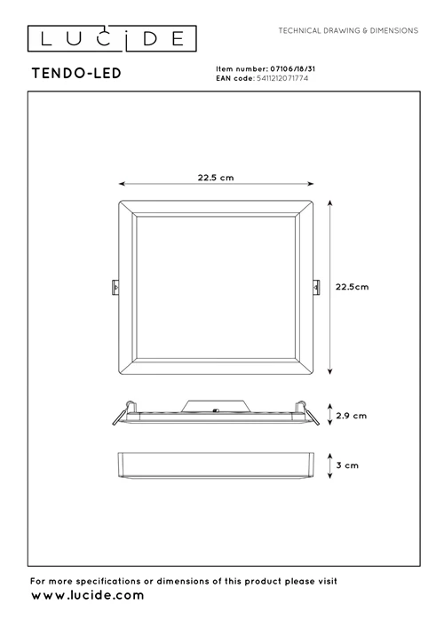 Lucide TENDO-LED - Plafonnière - LED - 1x18W 3000K - Wit - technisch